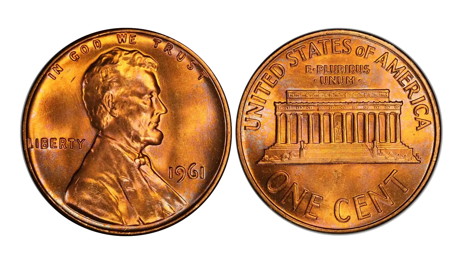 1961 Lincoln Memorial penny obverse and reverse showing copper-red surfaces and Memorial design