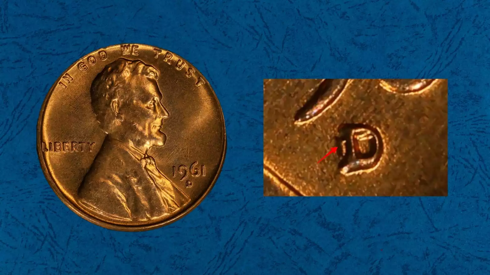 Side-by-side comparison of normal 1961-D penny mint mark versus the D over Horizontal D FS-501 RPM variety showing secondary horizontal impression