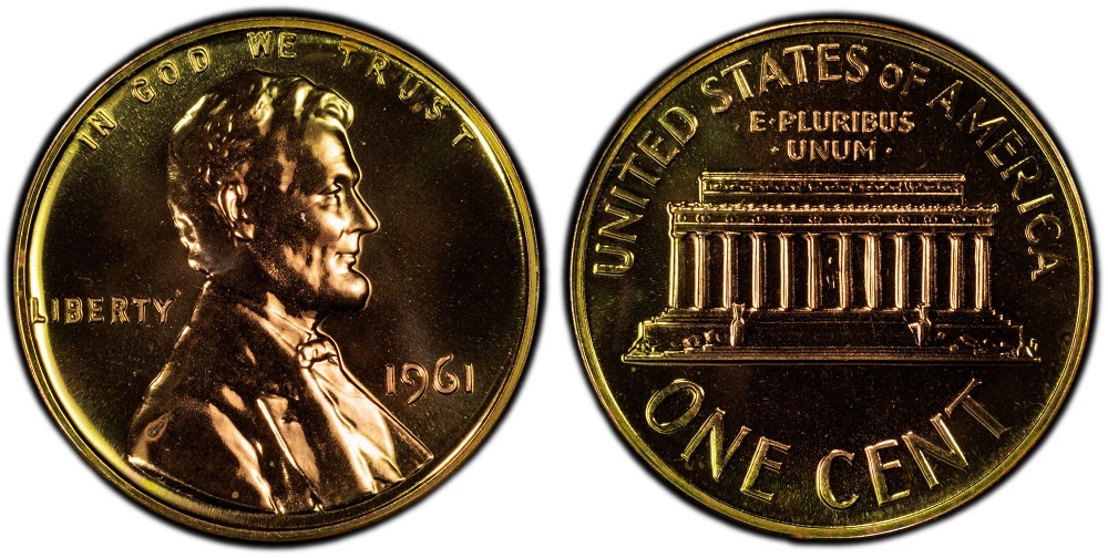 1961 Lincoln cent proof showing Deep Cameo DCAM contrast with frosted portrait against mirror-bright fields