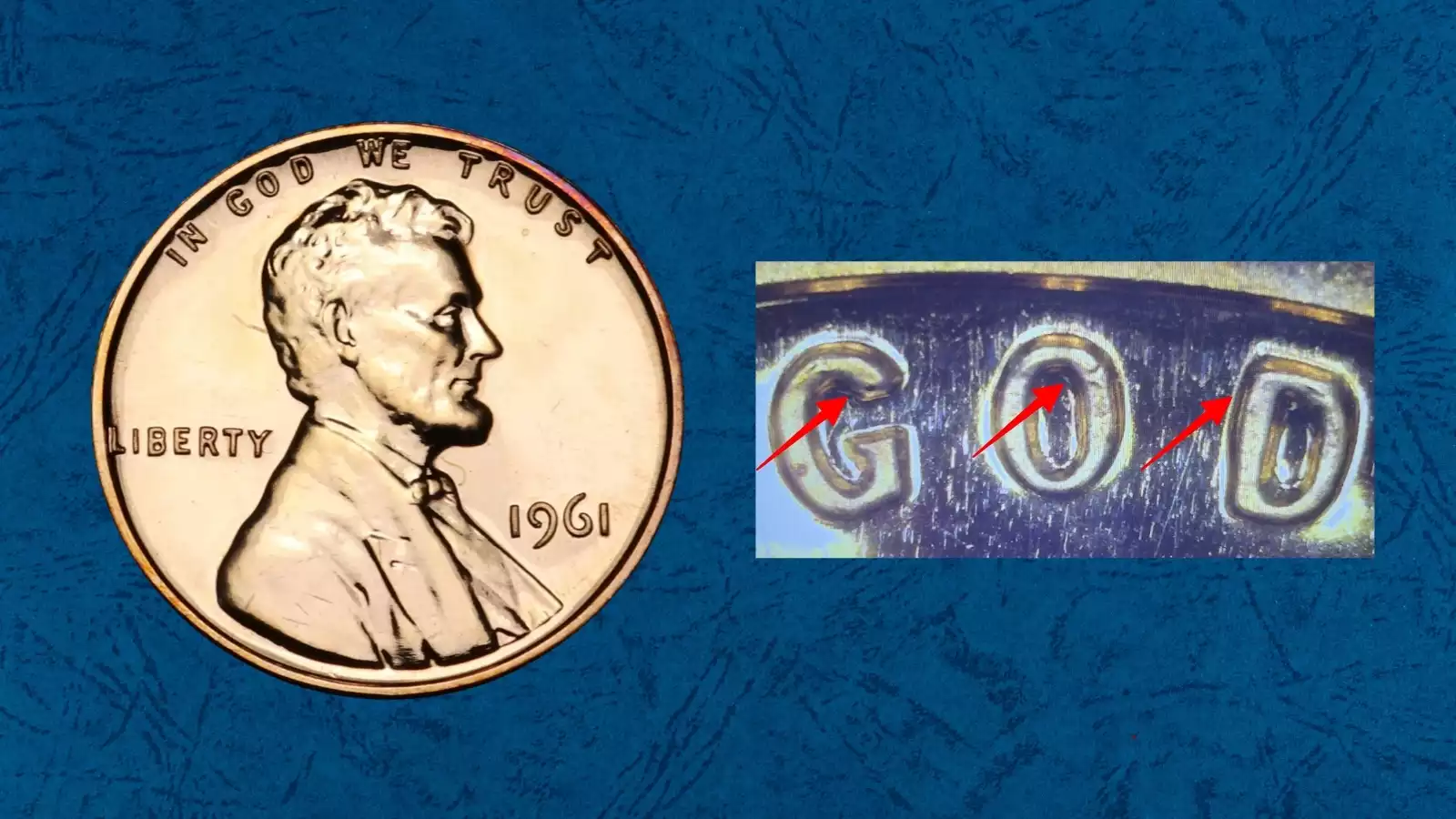 1961 penny doubled die obverse error showing doubling visible on LIBERTY lettering and date under magnification
