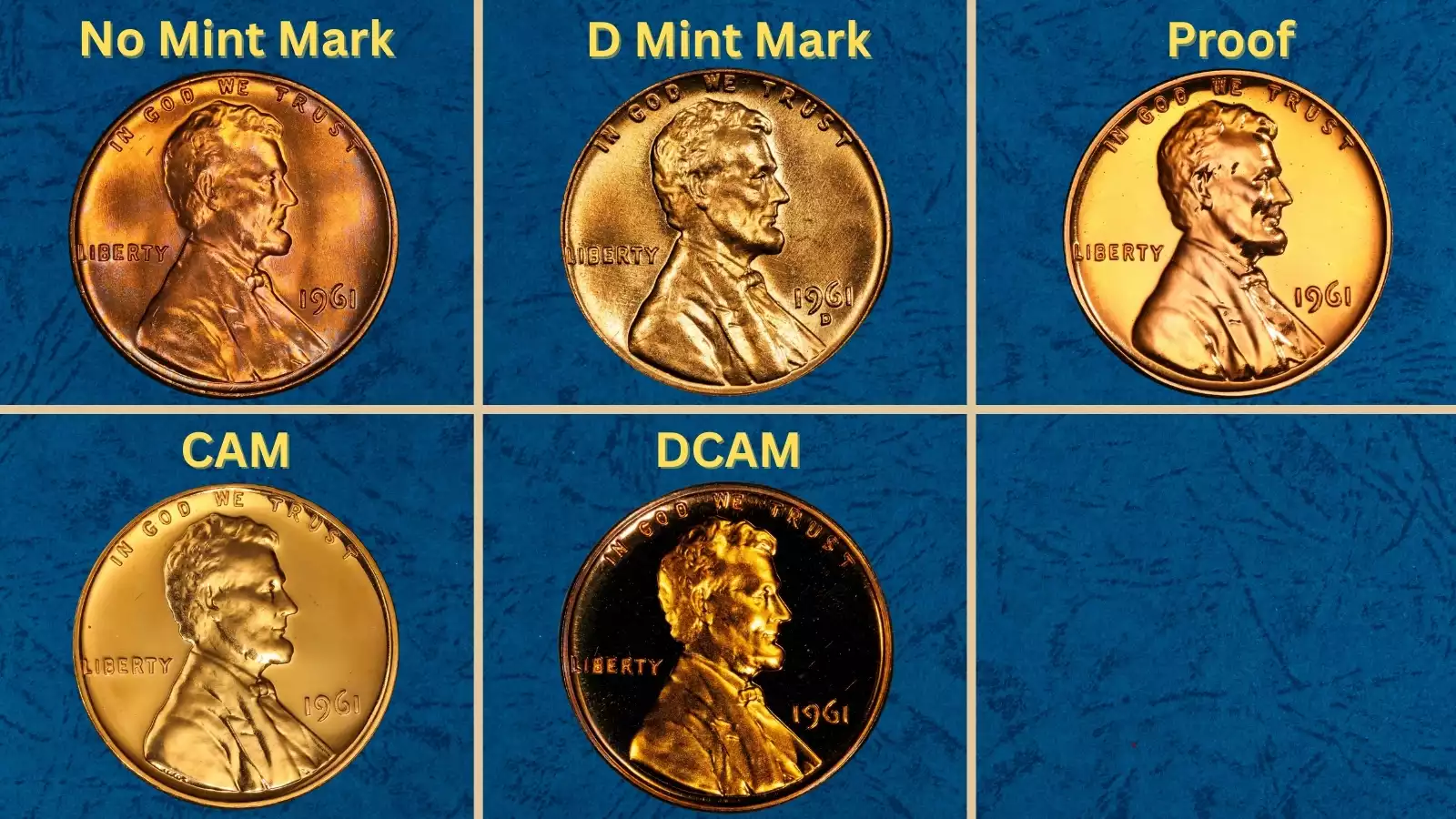 Group of 1961 Lincoln Memorial pennies from Philadelphia and Denver mints showing range from circulated to uncirculated condition