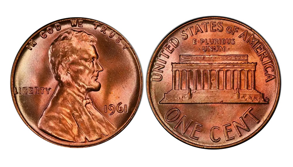 1961 penny grading strip showing four condition tiers from heavily worn to gem MS67 Red uncirculated